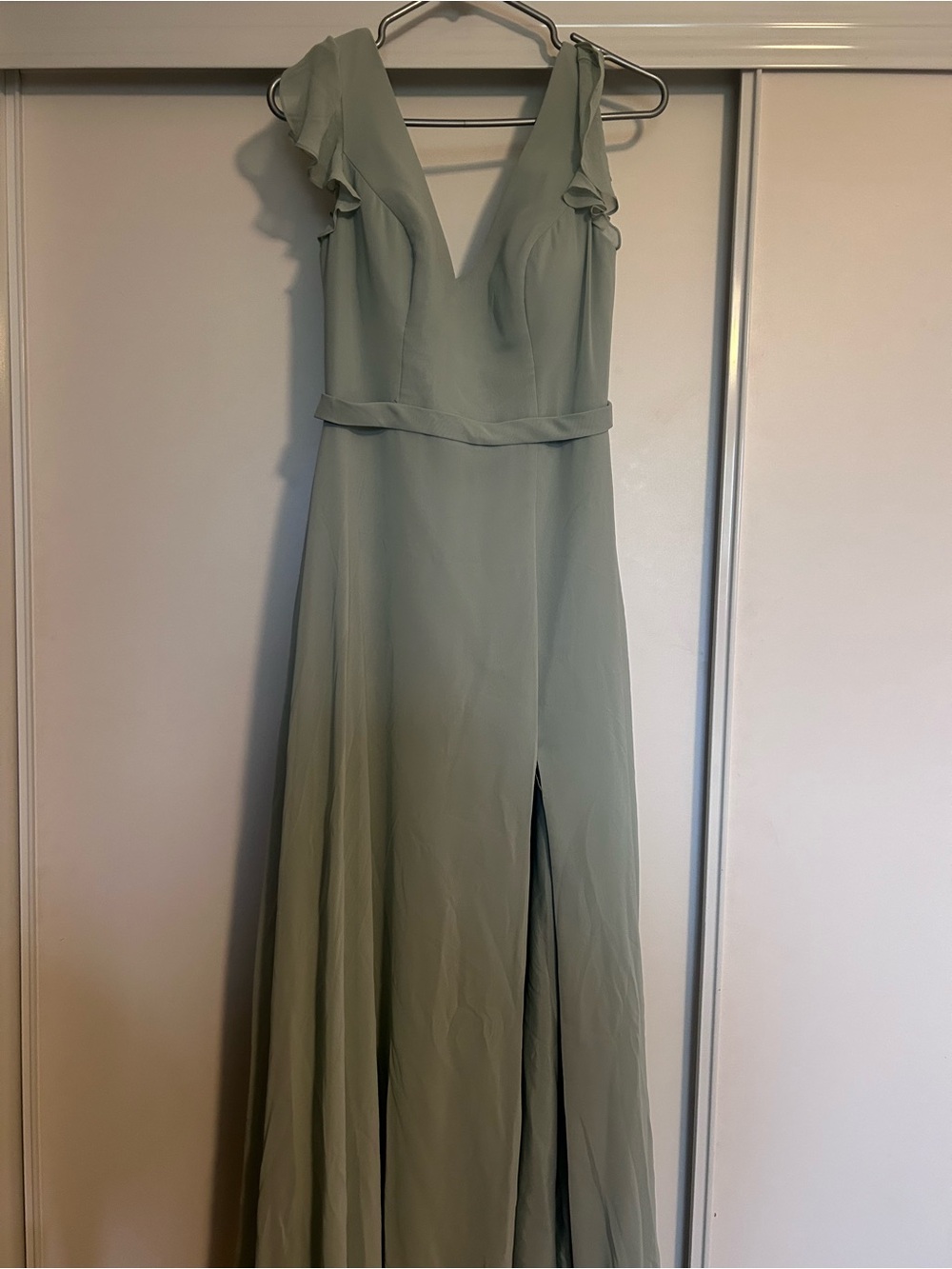 Azazie Sage Green V-Neck Ruffle Sleeve Maxi Dress